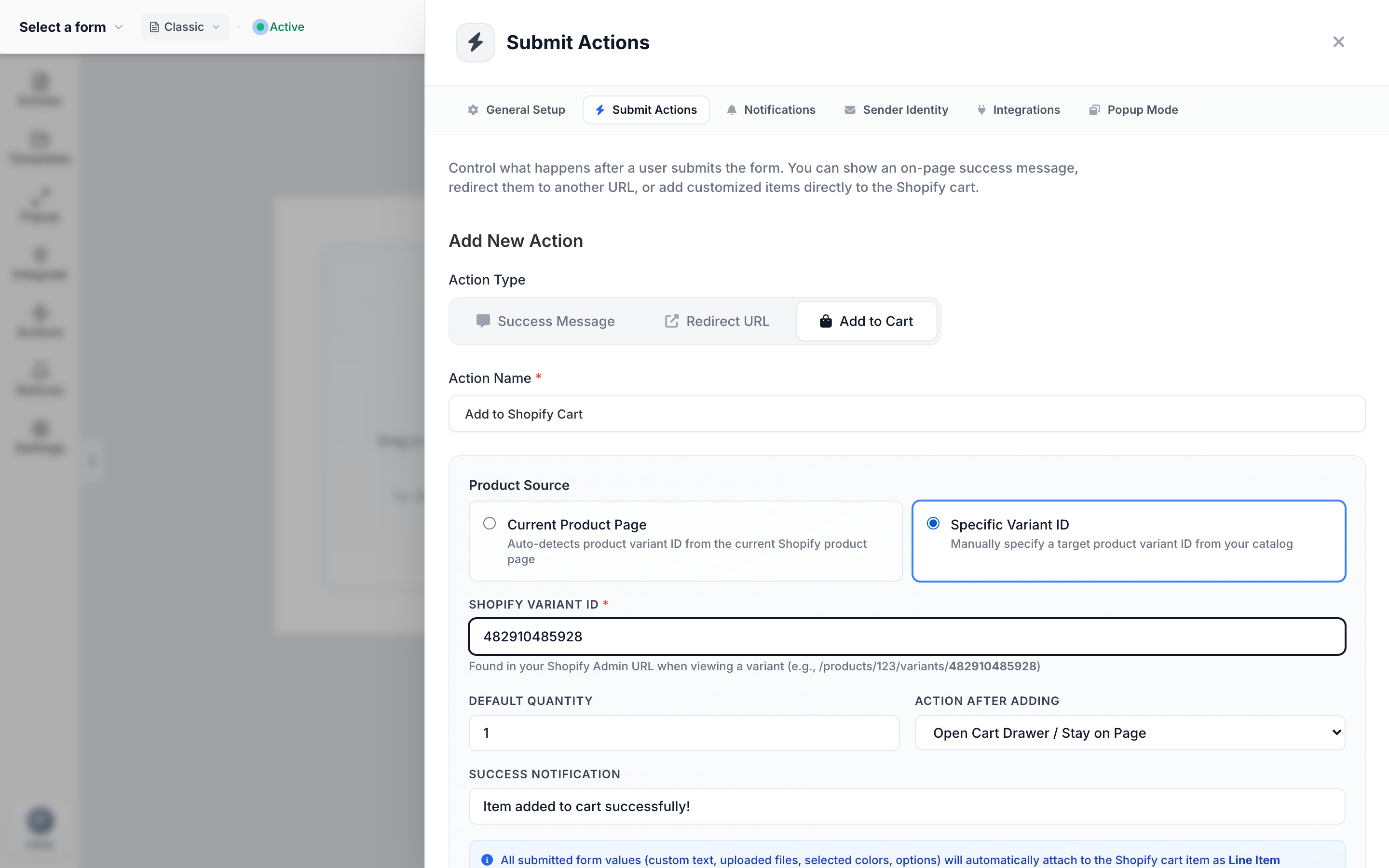 Configuring Add to Shopify Cart inside Formpify Submit Actions