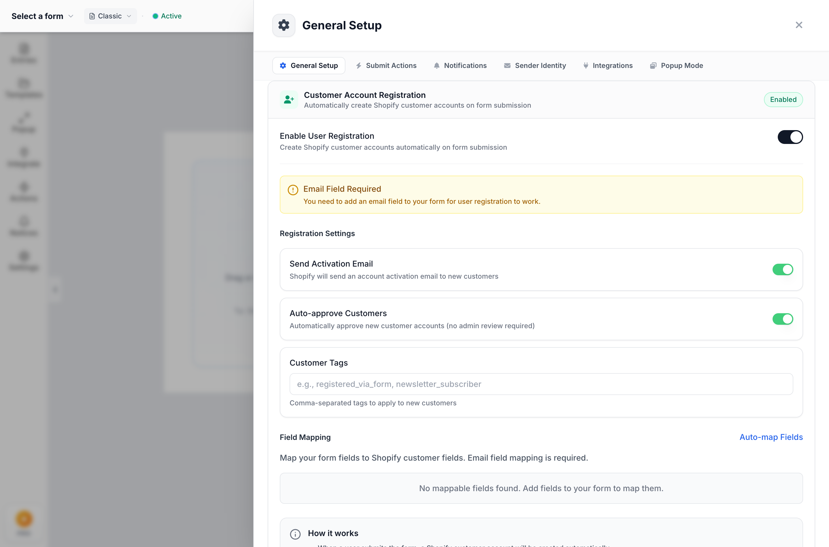 Formpify Builder: Customer Account Registration Settings