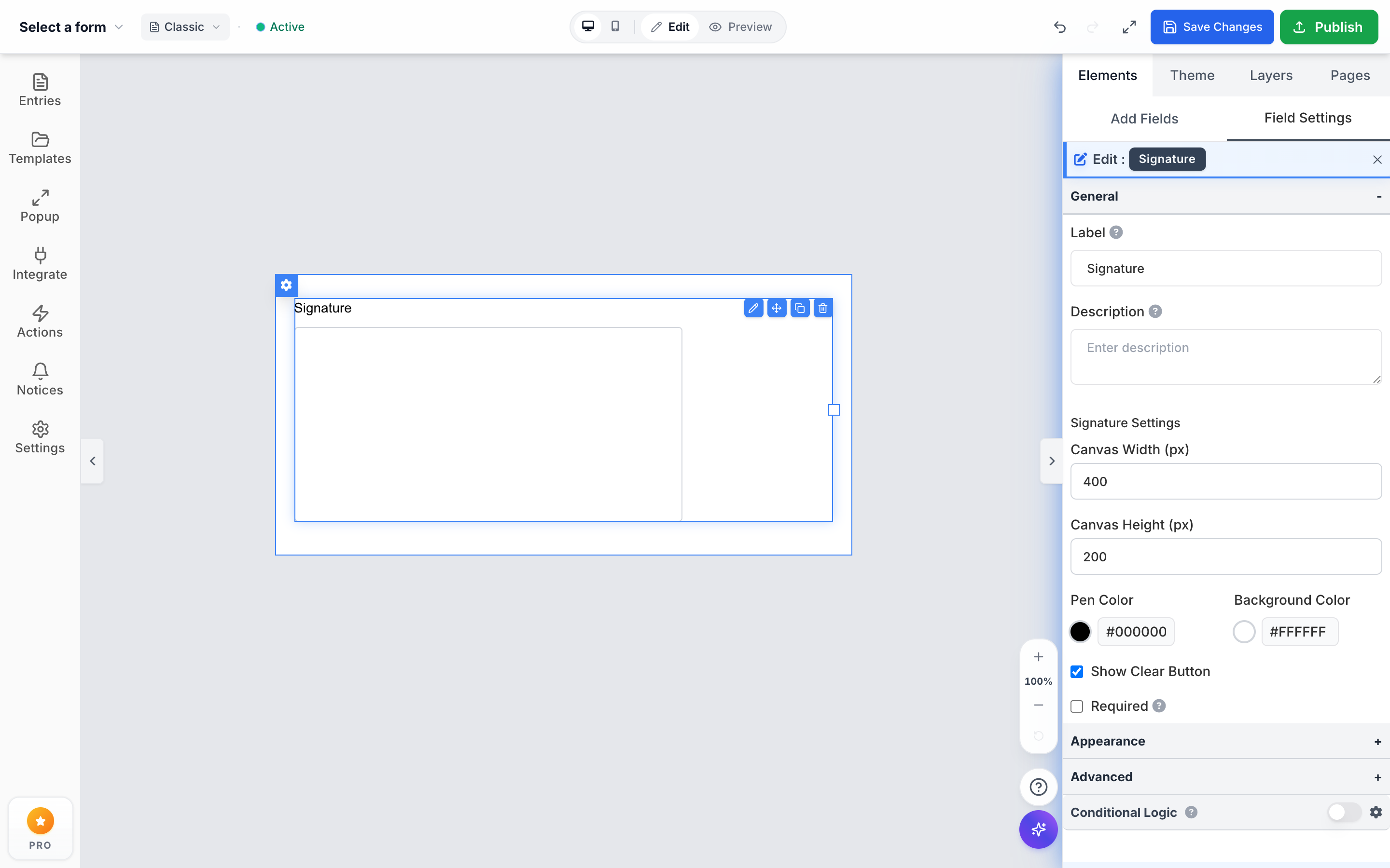 Formpify Signature Field Settings in Form Builder