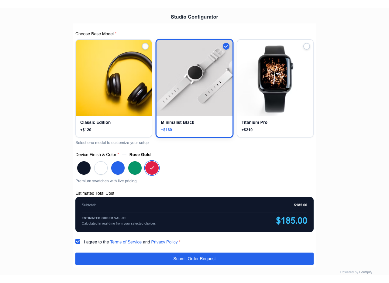 Live price calculation with visual cards and swatches